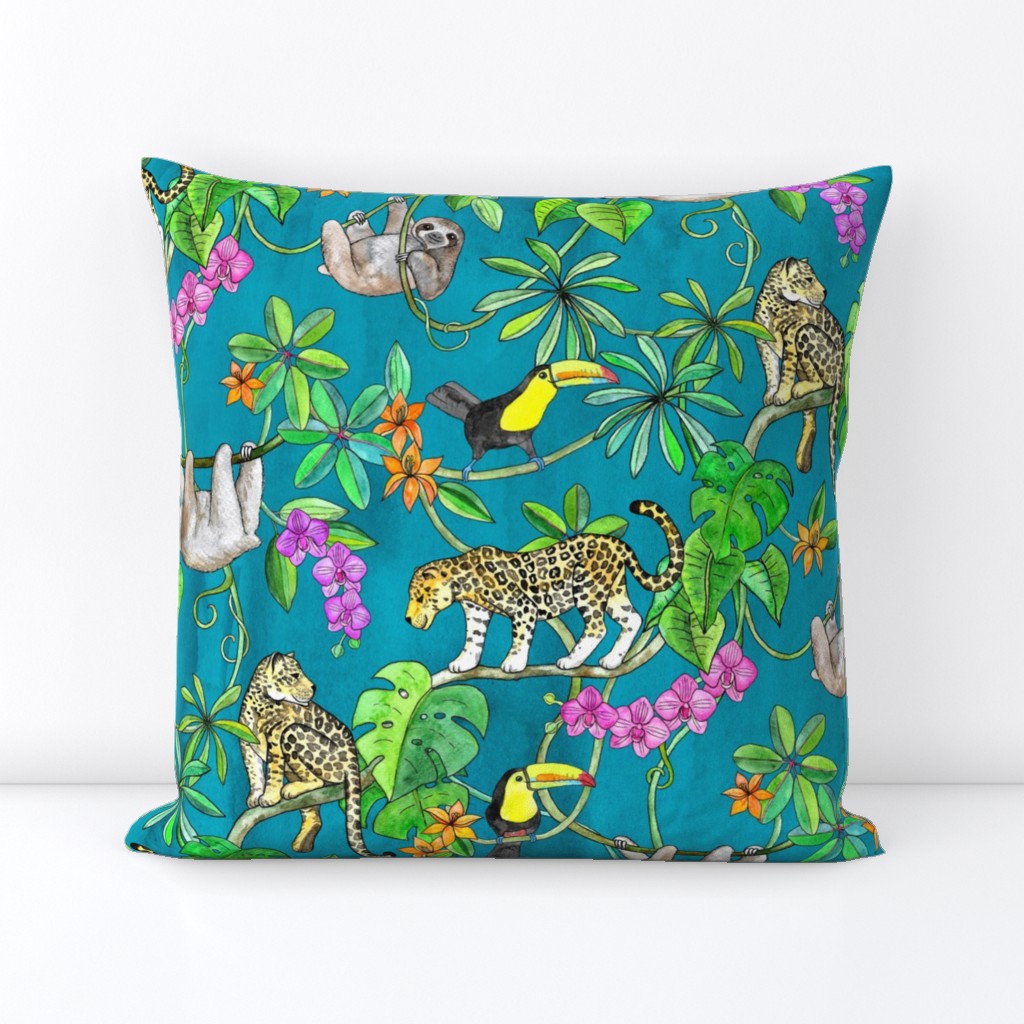 Rainforest Friends - watercolor animals on textured teal - large