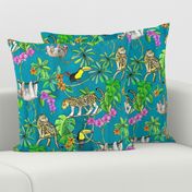 Rainforest Friends - watercolor animals on textured teal - large