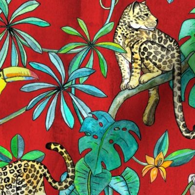 Rainforest Friends - watercolor animals on textured red - large