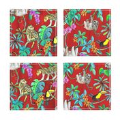 Rainforest Friends - watercolor animals on textured red - large