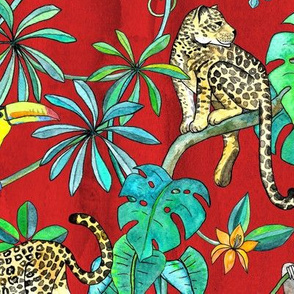 Rainforest Friends - watercolor animals on textured red - large