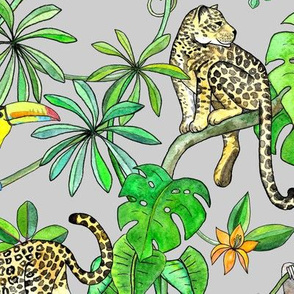 Rainforest Friends - watercolor animals on grey - large