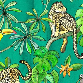 Rainforest Friends - watercolor animals on textured emerald green - large