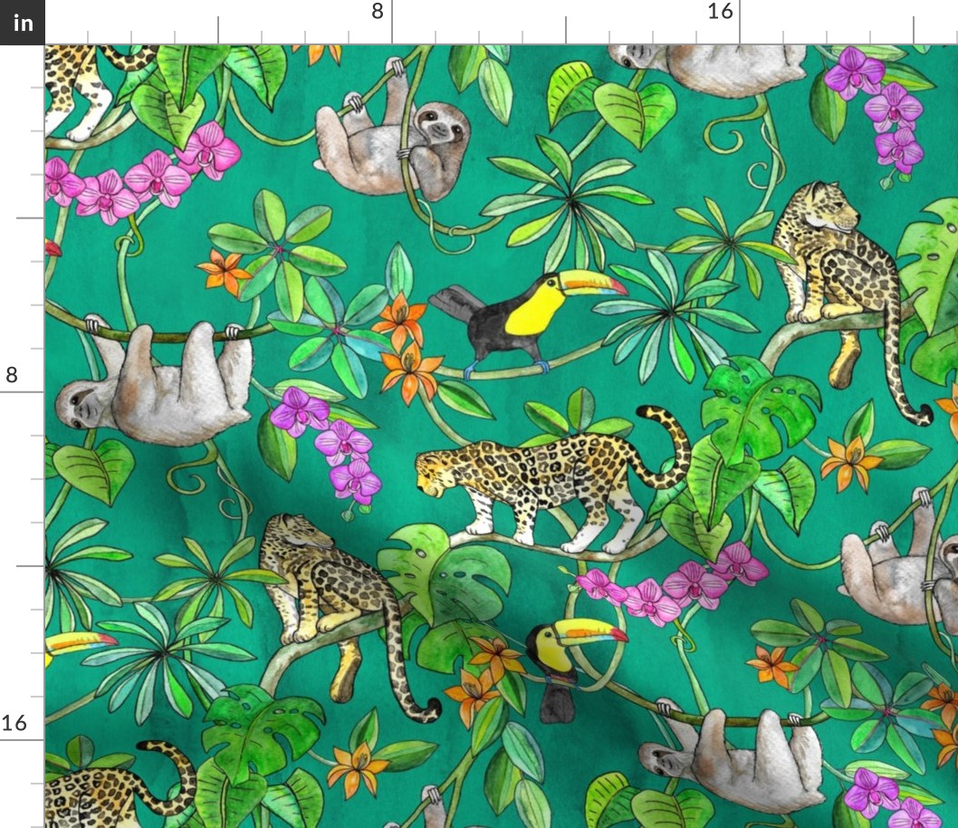 Rainforest Friends - watercolor animals on textured emerald green - large