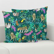 Rainforest Friends - watercolor animals on dark textured teal - large