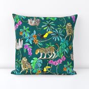 Rainforest Friends - watercolor animals on dark textured teal - large