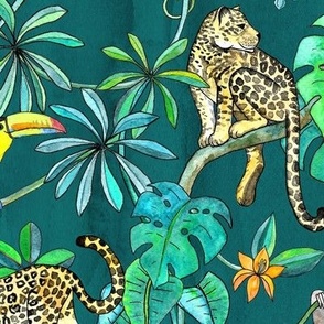 Rainforest Friends - watercolor animals on dark textured teal - large