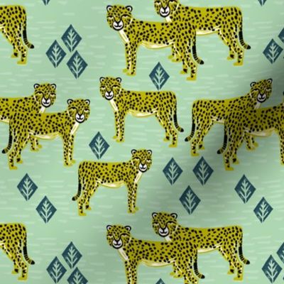cheetah fabric // linocut african animal big cat design - mint