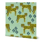 cheetah fabric // linocut african animal big cat design - mint