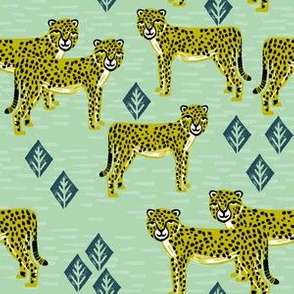 cheetah fabric // linocut african animal big cat design - mint