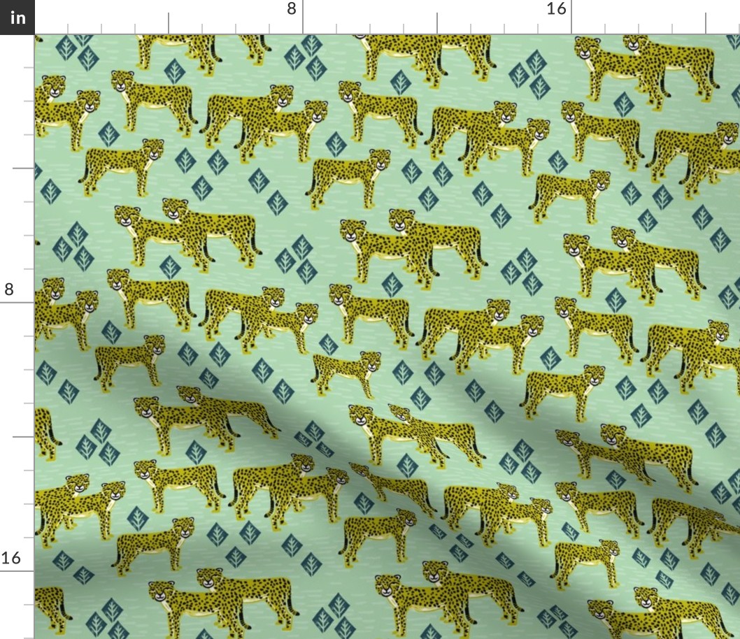 cheetah fabric // linocut african animal big cat design - mint