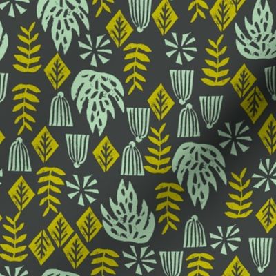 tropical leaves fabric // linocut monstera decor design - charcoal