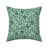 tropical leaves fabric // linocut monstera decor design - mint and navy