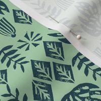 tropical leaves fabric // linocut monstera decor design - mint and navy
