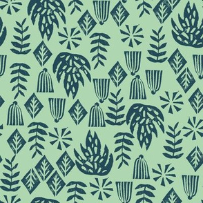 tropical leaves fabric // linocut monstera decor design - mint and navy