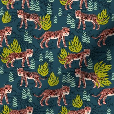 safari tiger fabric // linocut tropical animal fabric illustration design by andrea lauren - navy