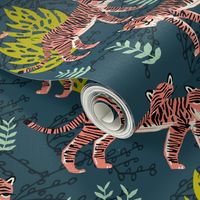 safari tiger fabric // linocut tropical animal fabric illustration design by andrea lauren - navy