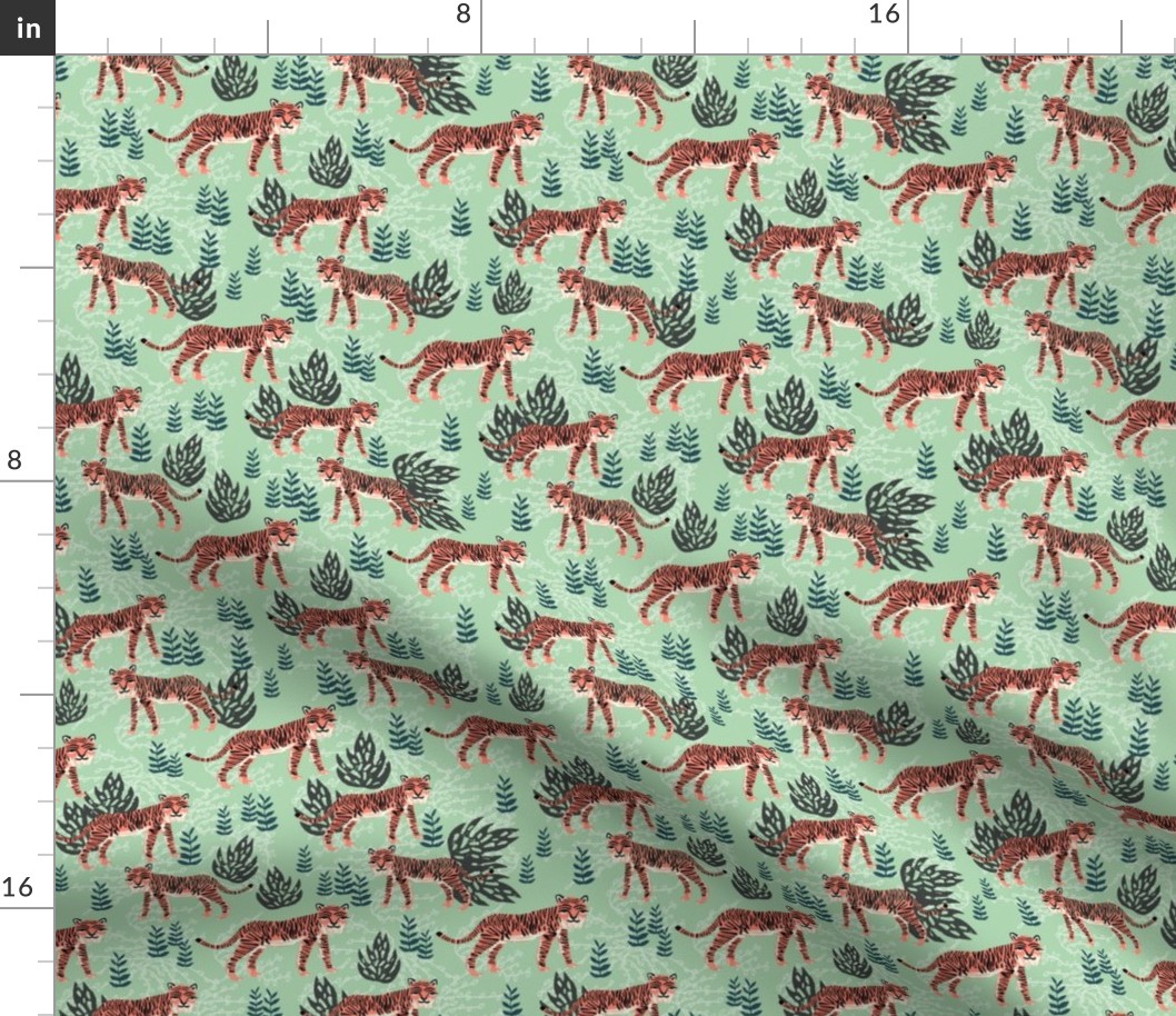 safari tiger fabric // linocut tropical animal fabric illustration design by andrea lauren - mint