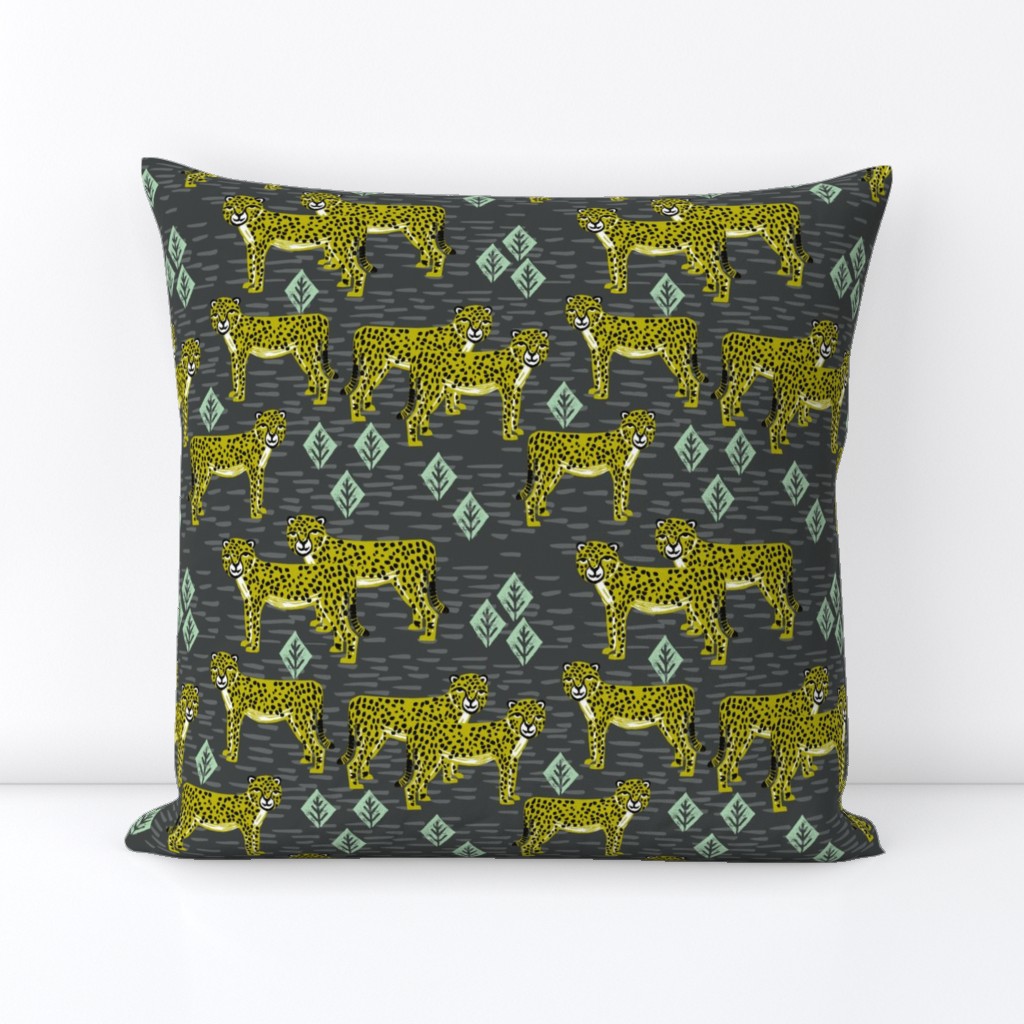 cheetah fabric // linocut african animal big cat design - charcoal