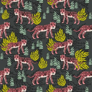 safari tiger fabric // linocut tropical animal fabric illustration design by andrea lauren - charcoal