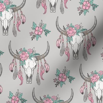 Boho Longhorn Cow Skull with Feathers and Flowers Pink on Grey Smaller