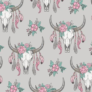 Boho Longhorn Cow Skull with Feathers and Flowers Pink on Grey Smaller