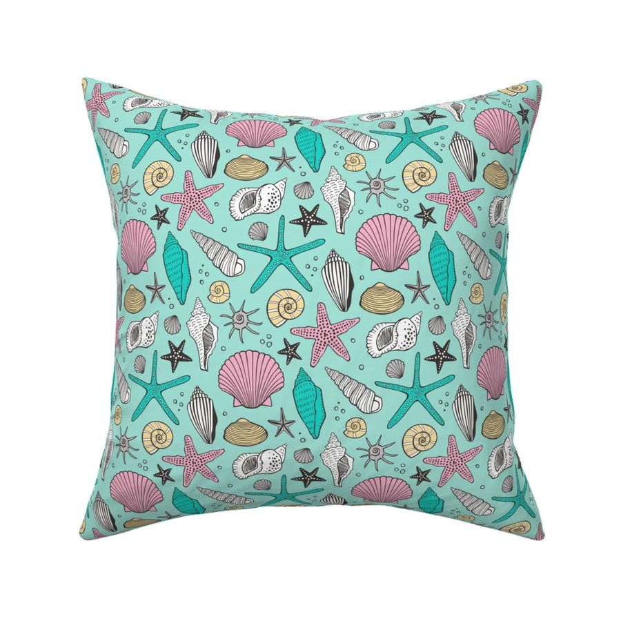 Seashells Nautical Ocean Shells Pink on Mint Green