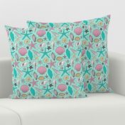 Seashells Nautical Ocean Shells Pink on Mint Green