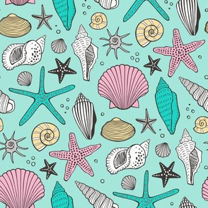 Seashells Nautical Ocean Shells Pink on Mint Green
