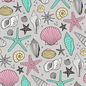 Seashells Nautical Ocean Shells Pink  Mint Green on Grey