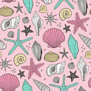 Seashells Nautical Ocean Shells  Mint Green on Pink