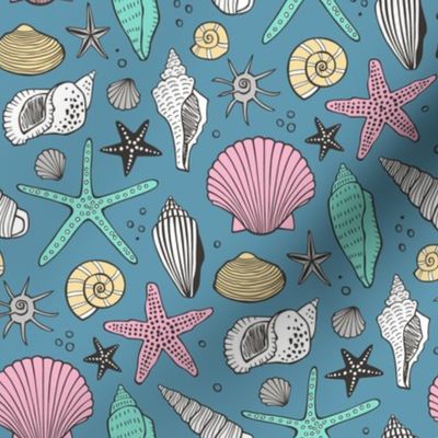 Seashells Nautical Ocean Shells Pink on Blue Navy