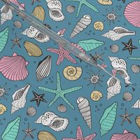 Seashells Nautical Ocean Shells Pink on Blue Navy