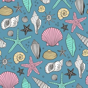 Seashells Nautical Ocean Shells Pink on Blue Navy