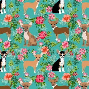 Chihuahua hawaii florals hibiscus dog breed fabric pattern med blue 