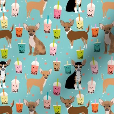 Chihuahua boba bubble tea dog breed fabric pattern light blue 