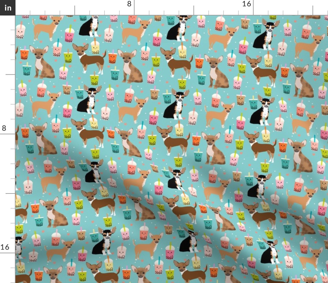 Chihuahua boba bubble tea dog breed fabric pattern light blue 