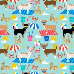 Chihuahua sandcastles beach dog breed fabric pattern light blue