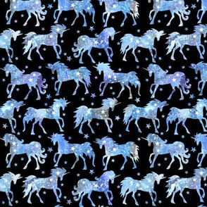 Blue galaxy unicorns - 1.5" scale - black background