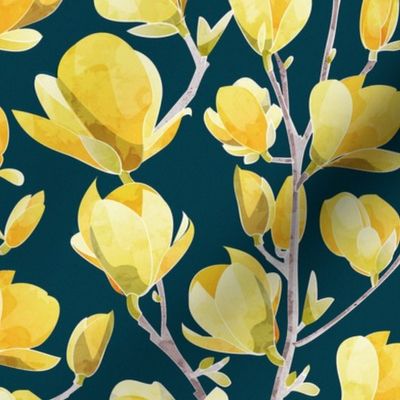 Normal scale // Yellow Magnolia Spring Bloom 1 // navy blue background