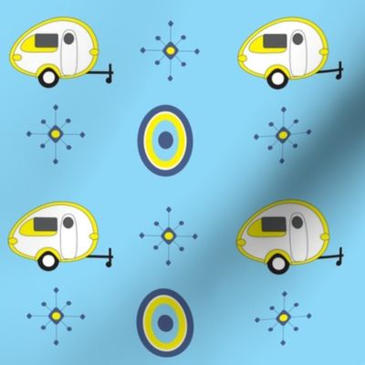 Yellow Tab Teardrop Trailers on Ice Blue Background