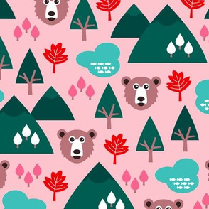 Canada grizzly bear and maple leaf woodland theme green pink girls