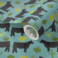 angus cattle fabric cattle cactus design - blue