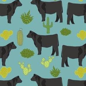 angus cattle fabric cattle cactus design - blue