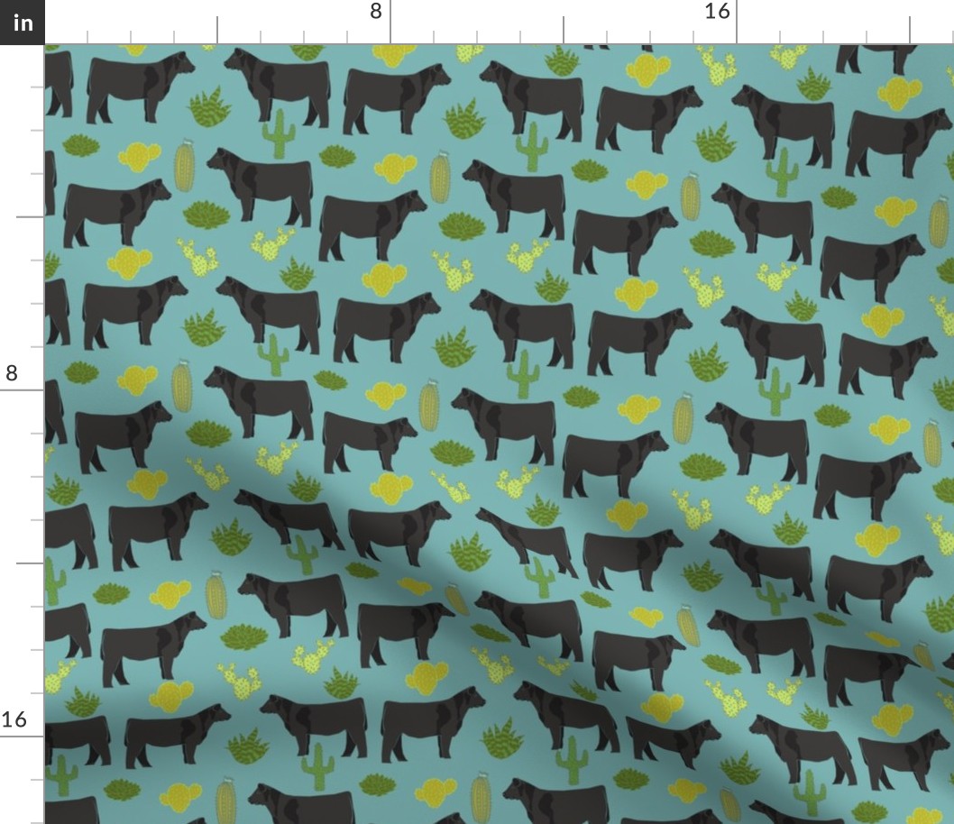 angus cattle fabric cattle cactus design - blue