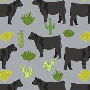 angus cattle fabric cattle cactus design - grey
