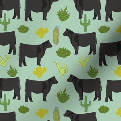 angus cattle fabric cattle cactus design - mint