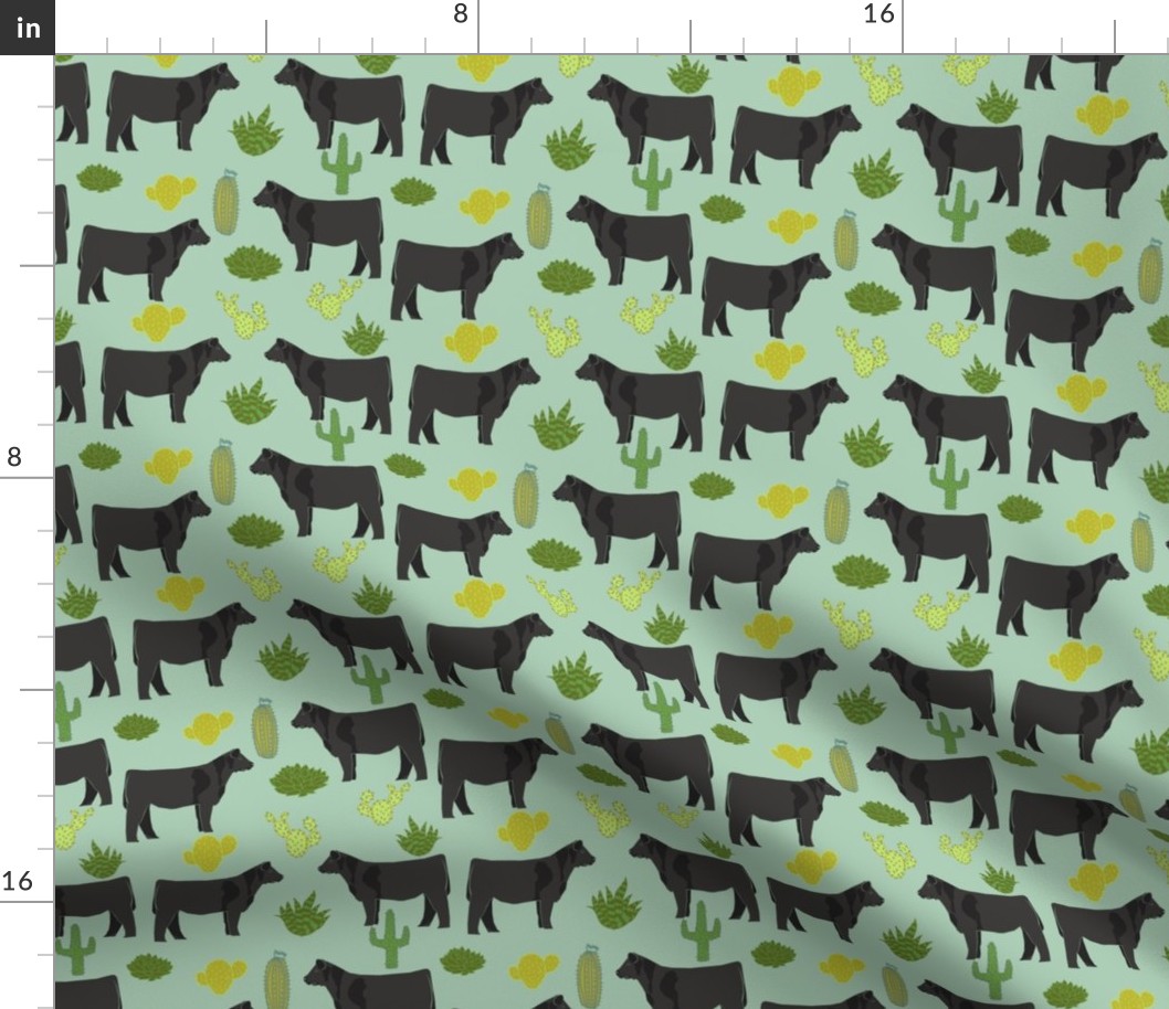 angus cattle fabric cattle cactus design - mint