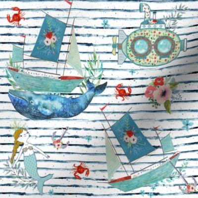 8" NAUTICAL FLORAL SHIP & MERMAID / SHIBORI STRIPES