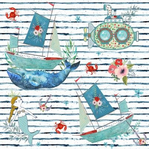 8" NAUTICAL FLORAL SHIP & MERMAID / SHIBORI STRIPES